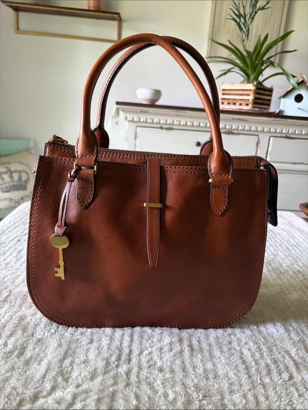 Fossil Chestnut Brown Leather Ryder Satchel with Key Charm
